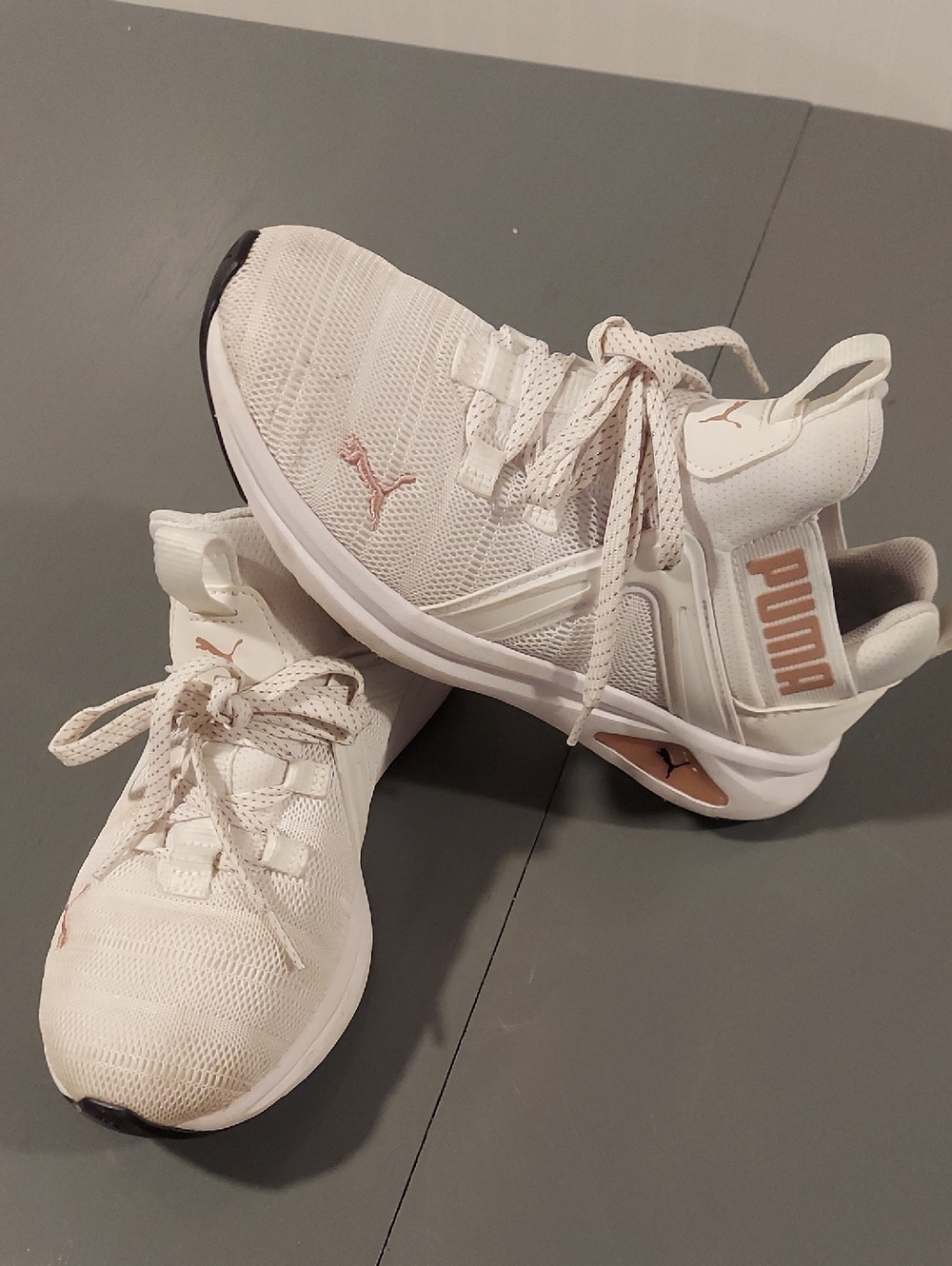 Puma Women's White Knit Training Sneakers with Rose Gold Details